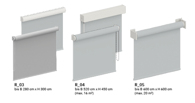 Drei verschiedene Rollosysteme mit technischen Angaben zu Breite und HĂśhe fĂźr den Innenbereich