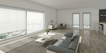 Modernes Wohnzimmer mit Aluminiumjalousien in metallischer Optik aus der Kollektion Metallic