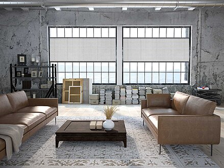Loft mit grossen Fenstern und hellgrauen Plissees als stilvoller Sichtschutz im Industrial Design
