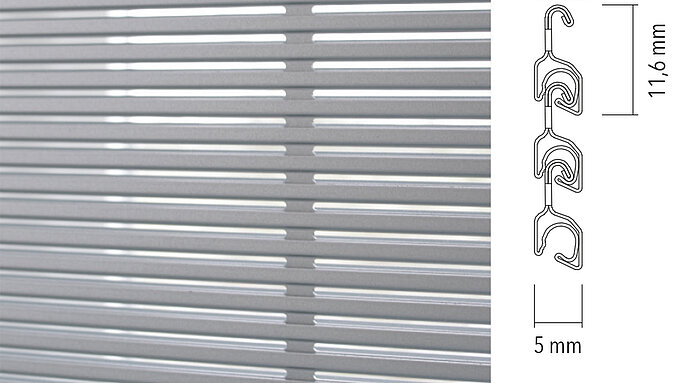 Metalllamellen des MHZ S_enro mit technischer Profilzeichnung und Massangaben von 5 mm Breite und 11,6 mm Höhe.