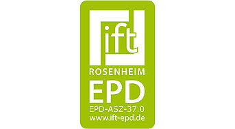 Grünes EPD-Label des ift Rosenheim mit Produktkennzeichnung und Webadresse zur Umweltdeklaration