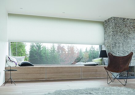 Grosses Fenster mit beige-farbenem Wabenplissee in modernem Wohnzimmer mit Naturdeko und Ausblick ins Grüne