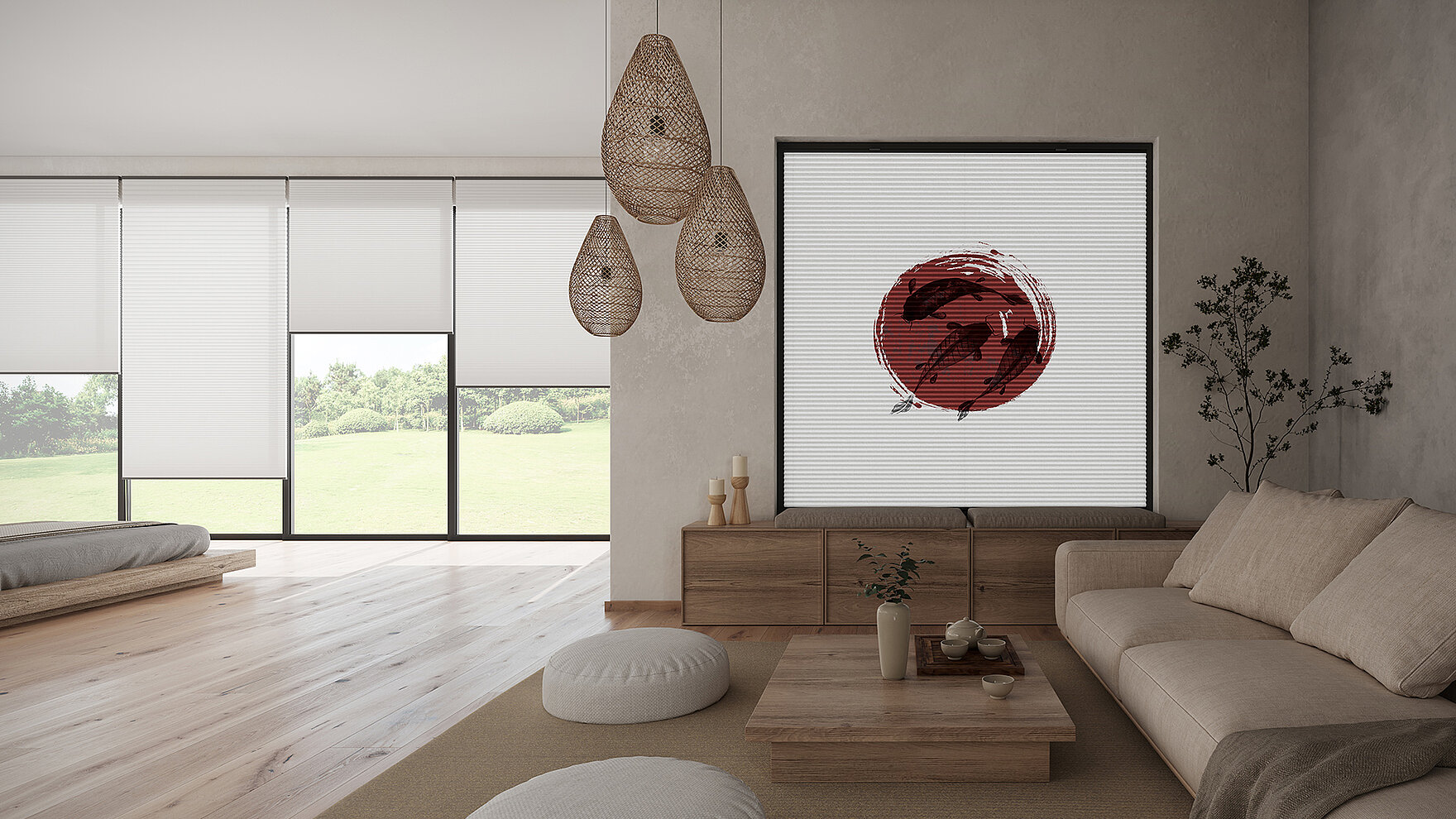 Wohnzimmer mit MHZ Wabenplissee und stilisiertem Koi-Motiv im Japandi-Stil.