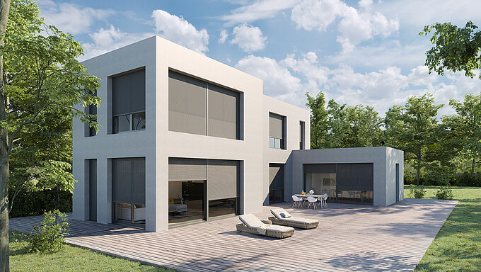 Kubisches Wohnhaus mit grauem MHZ Metallbehang sonro an allen Fensterflächen, moderne Architektur mit Terrasse.