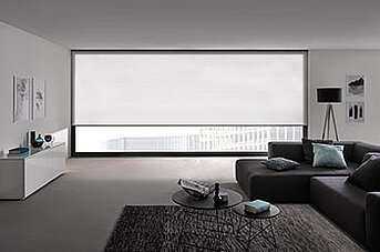 Breites Wohnzimmerfenster mit durchgängigem MHZ-Wabenplissee als stilvolle Sonnenschutzlösung.