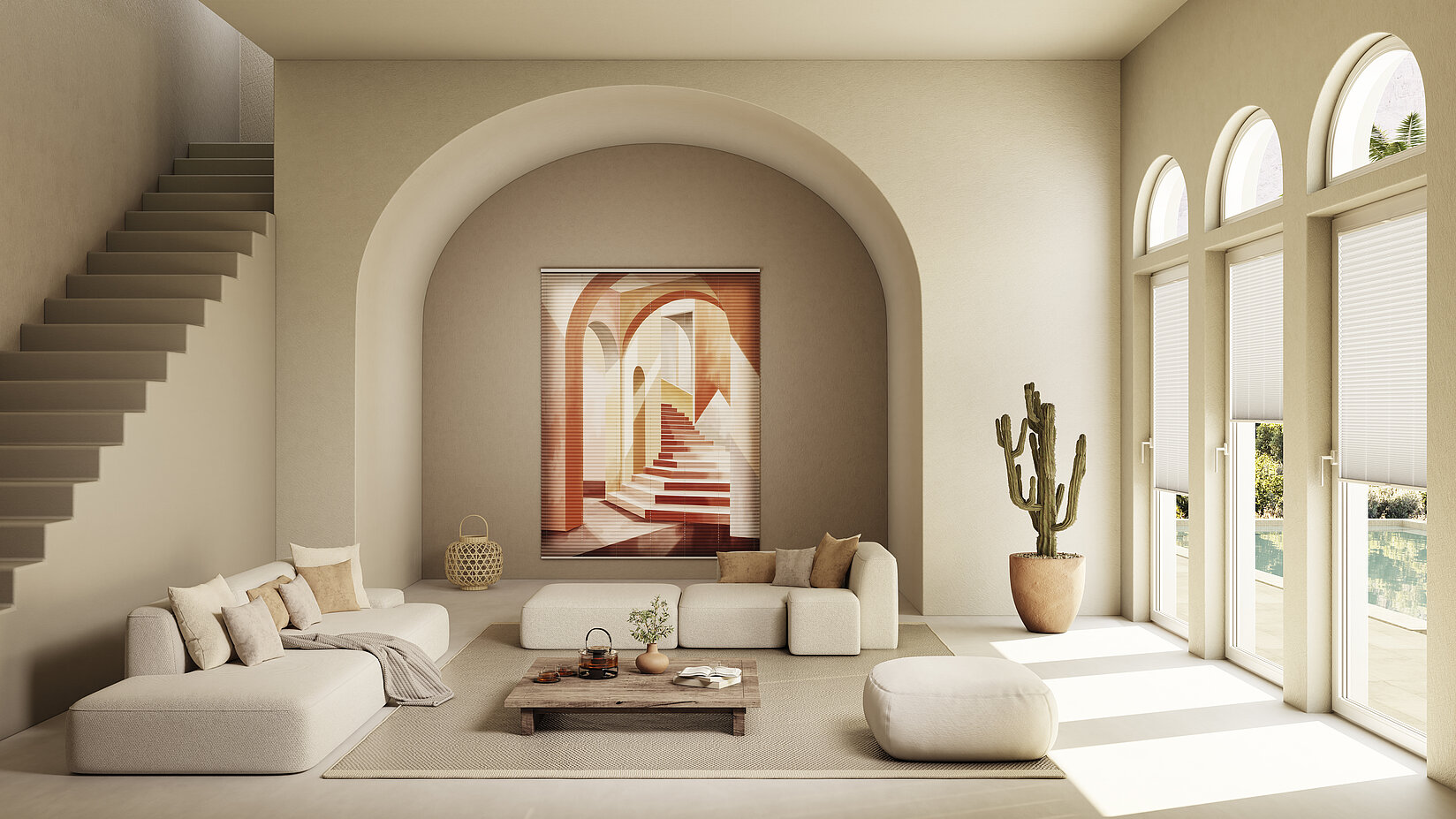 Freihängendes Plissee mit dem Dessin Stairway als architektonischer Sicht und Sonnenschutz im lichtdurchfluteten Wohnraum