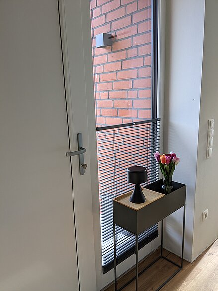 Twinline-Jalousie im unteren Bereich eines bodentiefen Fensters neben der Haustür im Eingangsbereich.