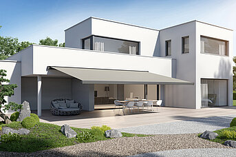 Modernes Haus mit ausgefahrener Gelenkarmmarkise über einer Terrasse mit Essbereich