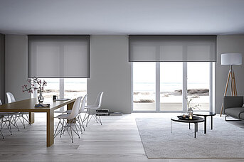 Helles Wohnzimmer mit grossen Fenstern und dezenten grauen Rollos als Sicht- und Blendschutz
