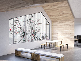 Modern eingerichteter Raum mit bedrucktem Hafttextil Squid an einer asymmetrischen Fensterfront