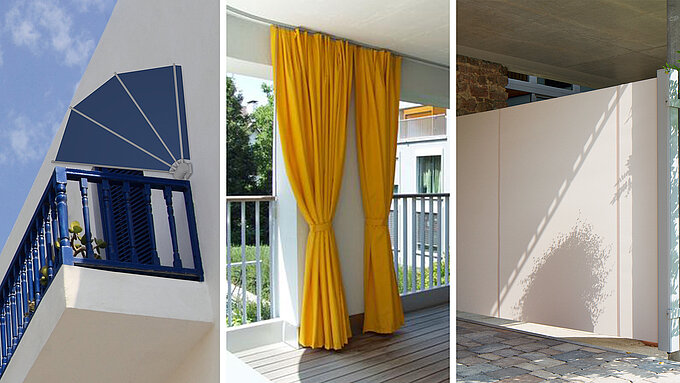 Drei Varianten von Sicht- und Sonnenschutz im Aussenbereich: links eine Fächermarkise am Balkon, mittig ein gelber Outdoor-Vorhang, rechts eine helle, seitliche Schutzwand auf einer überdachten Terrasse.